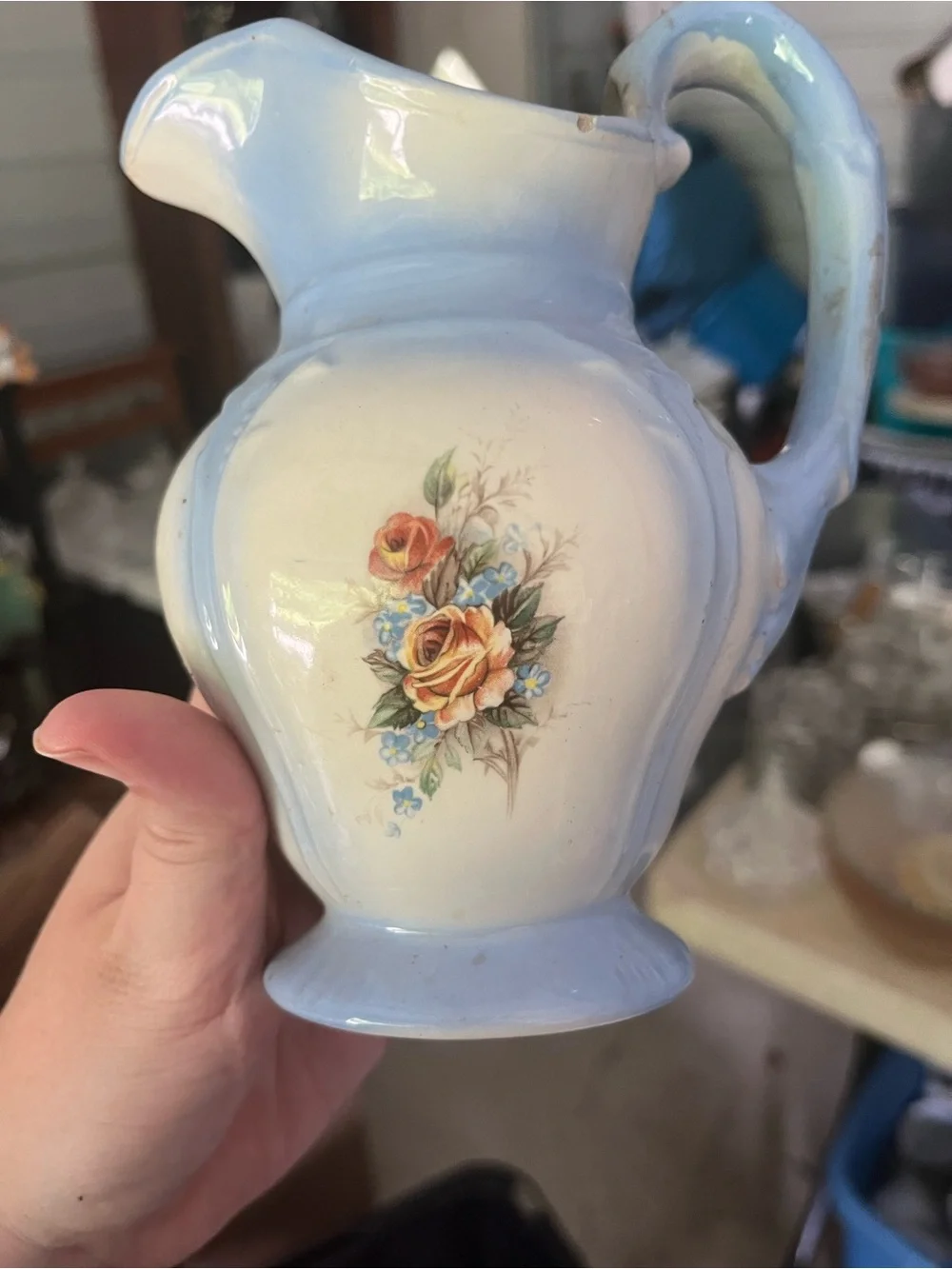 Vintage Blue and Cream Floral Pitcher